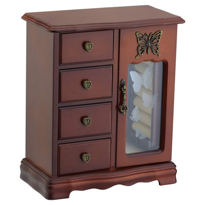 Solid Wooden Jewellery Box Makeup And Organizer Ring Storage With 4-Drawers Built-In Necklace Carousel And Mirror Brown