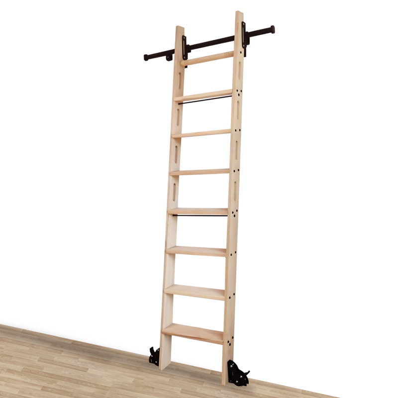 Natural Knotty Oak Wood Sliding Library Sliding Step Ladder Rolling Ladder With Removable Hardware, 13.2ft, 87''