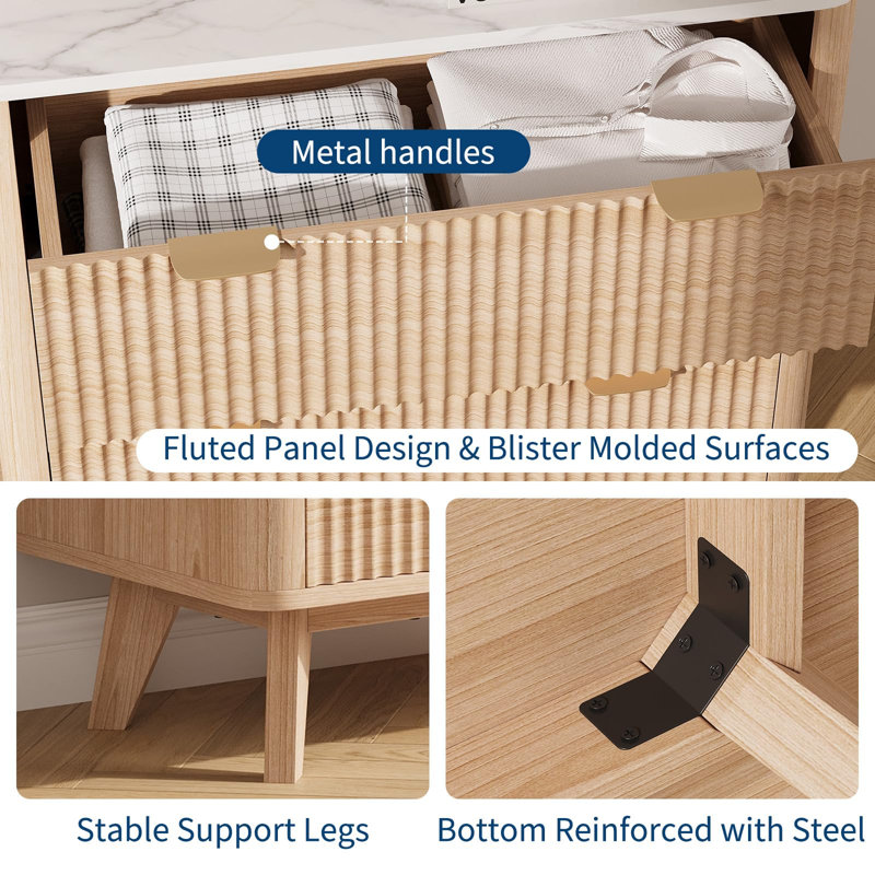 32" Modern Fluted Nightstand Bedside Table with 3 Drawer, Curved Profile End Table for Bedroom, Living Room, Yellow