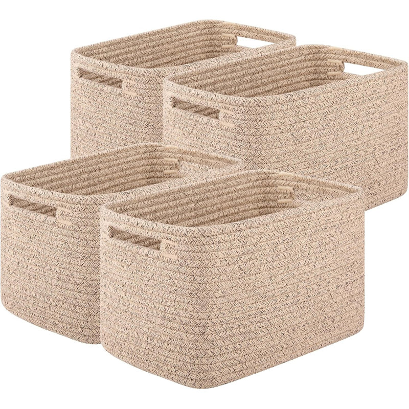 Woven Storage Baskets With Handles, Cotton Rope Organizing Bins For Toys, Books, Towels, And Clothes, Multipurpose Home Decor For Shelves, Pack Of 4
