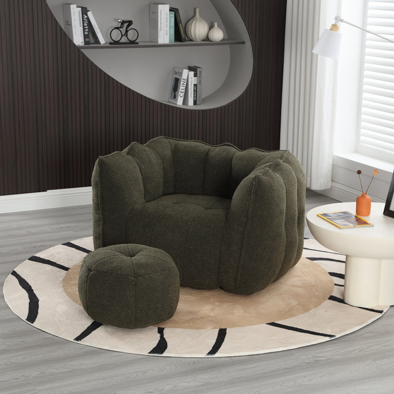 Fauteuil à billes avec repose-pieds Lazy, Chenille vert olive
