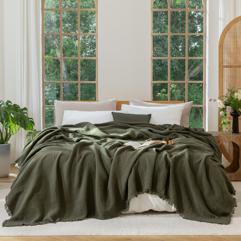 Jeté 100% coton 4 couches avec frange MooMee Airy, Grand (90 po x 90 po), Vert olive