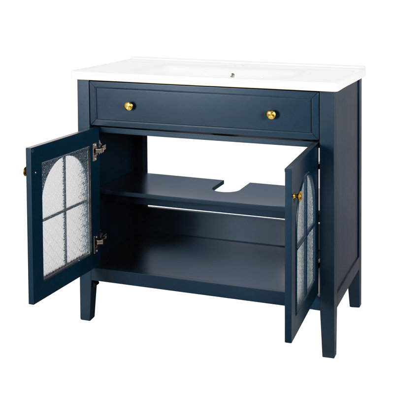 Meuble-lavabo bleu 35,6 po avec verre, éclairage activé par le mouvement, 2 armoires, design, d'inspiration médiévale, lavabo intégré et évier automatique Mid-Century avec beaucoup d'espace de rangement, style et preuve
