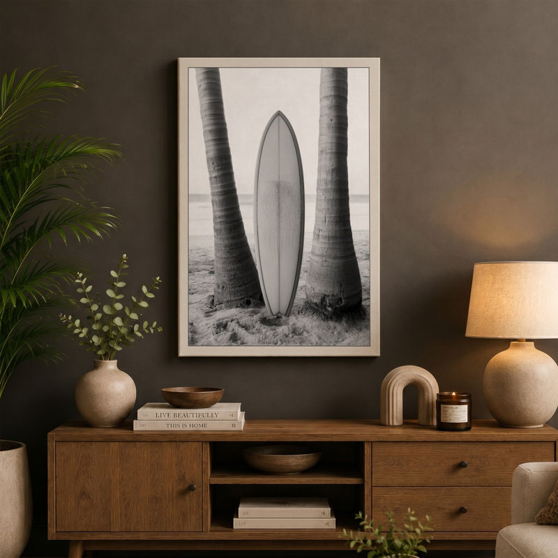 Surfboard Between Palms Coastal - Wrapped Canvas, 24x16 - 61.0 x 40.6 cm, Ochre Border