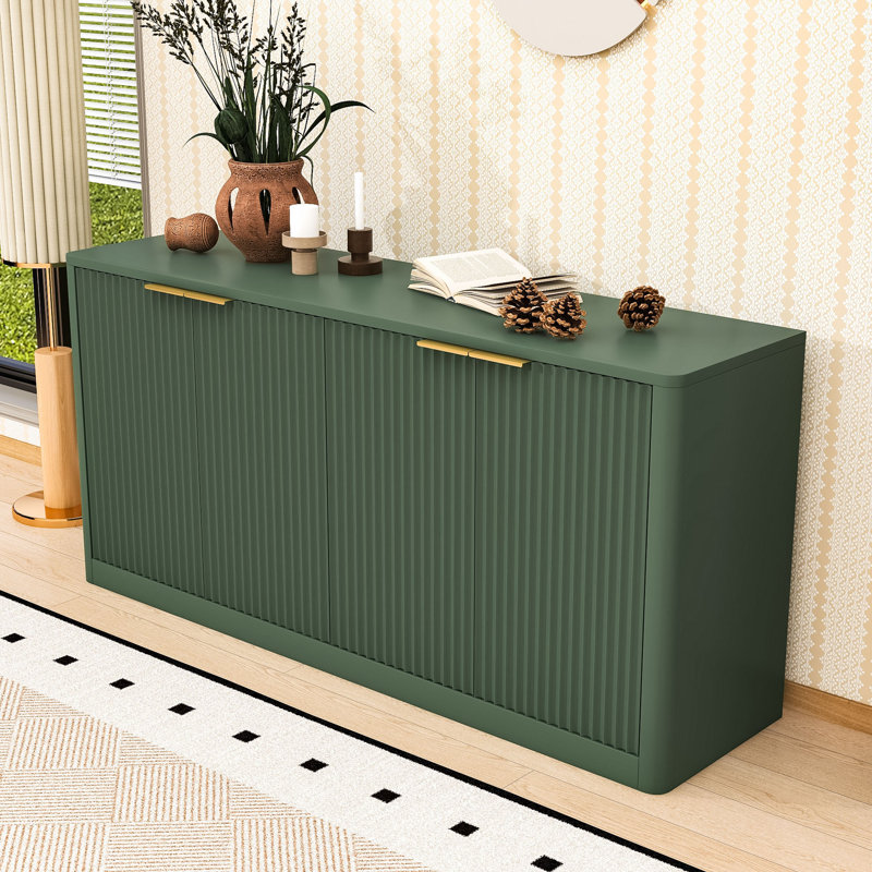 Modern Wave Design Sideboard Buffet Cabinet with 4-Door Hidden Storage, Green