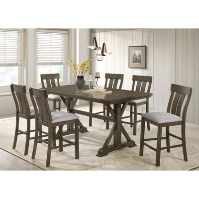 Table de salle à manger 7 pièces à hauteur de comptoir avec table rectangulaire, base à tréteaux, chaises rembourrées, dossier à lattes, finition en bois brun rustique pour la pièce