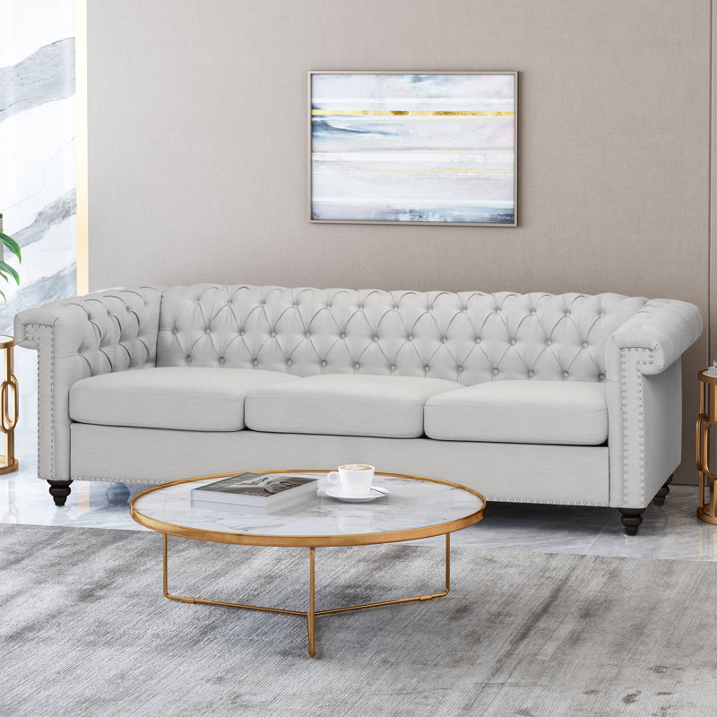 Canapé 3 places en tissu gris, avec capitonnage élégant et dossier bas relaxant, 211 cm L x 81 cm P x 66 cm H - Salon - Canapé profond et confortable
