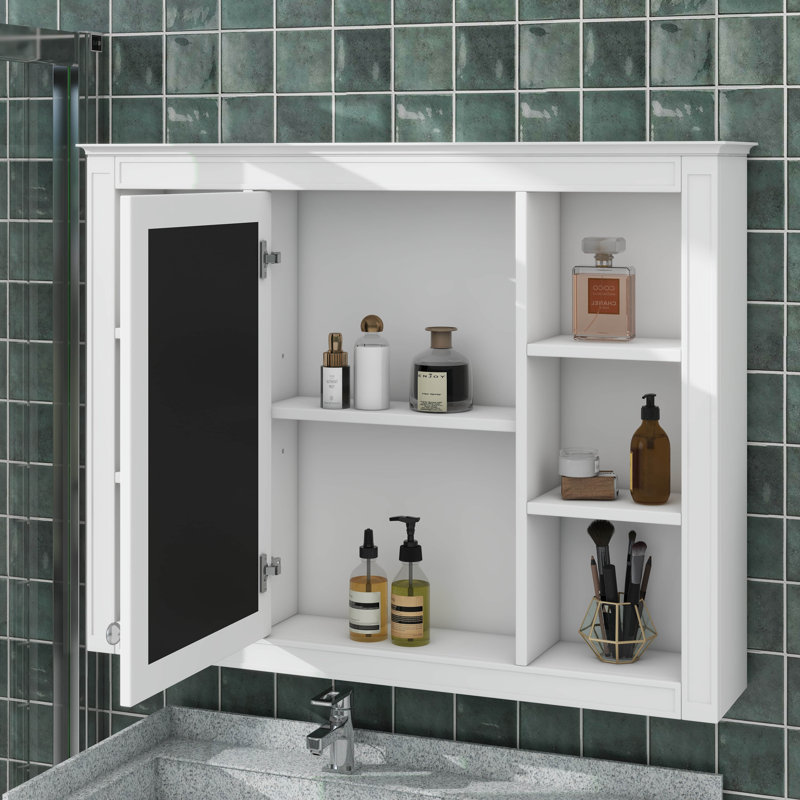 Armoire à pharmacie murale, armoire de rangement de salle de bain avec porte miroir et 6 tablettes ouvertes réglables, Blanc
