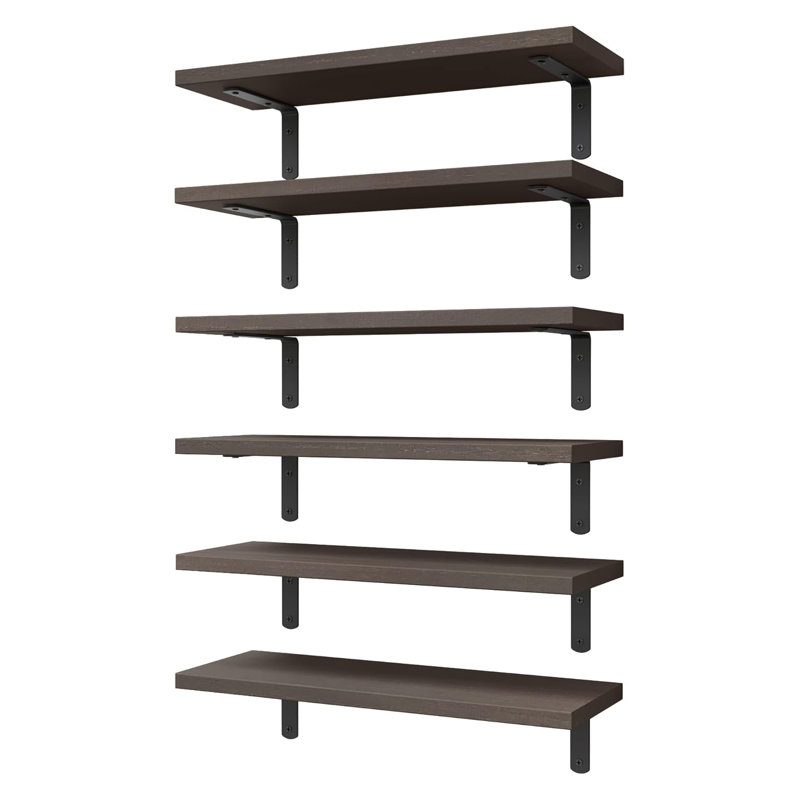 Set Of 6 Floating Shelves, Rustic Farmhouse Wall Mounted Shelves For Home Decor, Bathroom, Living Room, Bedroom, Made Of Solid Paulownia Wood With L-Shaped Metal Brackets
