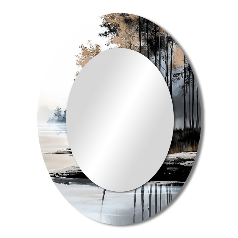 Paysage gris d'hiver au bord du lac IV - Grand miroir mural ovale sur métal, 43 po x 33 po