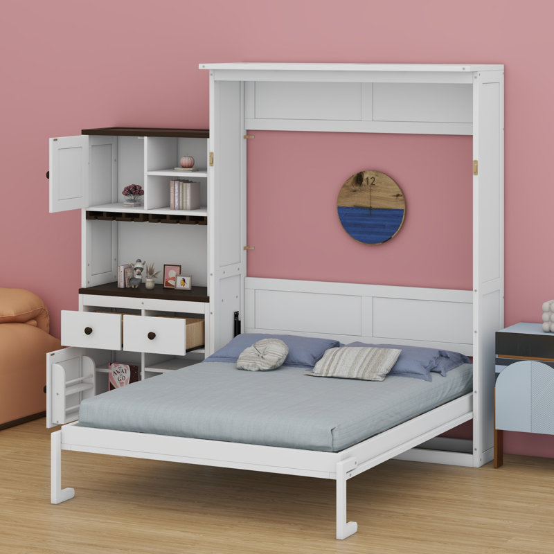Lit escamotable avec armoire de rangement, support à vin, porte-verre, tiroirs et bande à DEL multicolore, Blanc