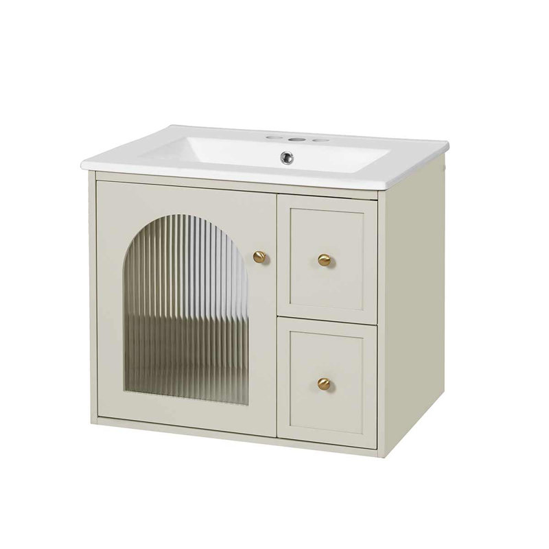 Meuble-lavabo mural 24 po avec lavabo en céramique et 2 tiroirs, Beige