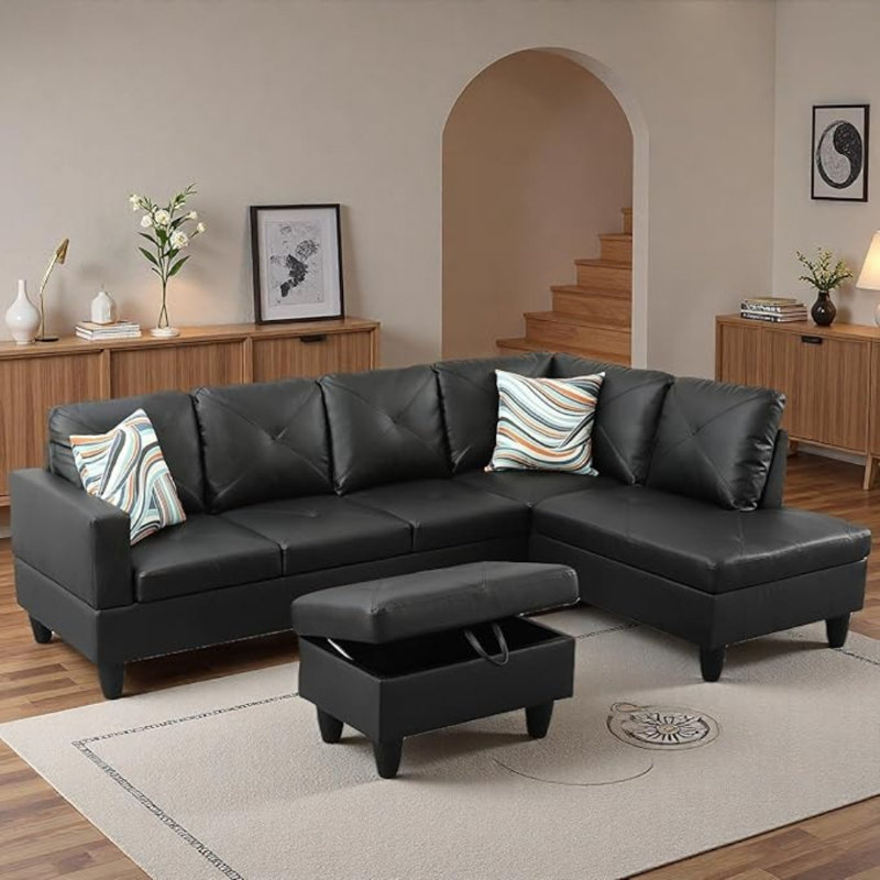 Ensemble de canapé en forme de L, canapé modulaire modulaire pour salon avec repose-pieds avec rangement, ensemble de salon à 4 places avec canapé pour chaise de bureau (similicuir, noir)