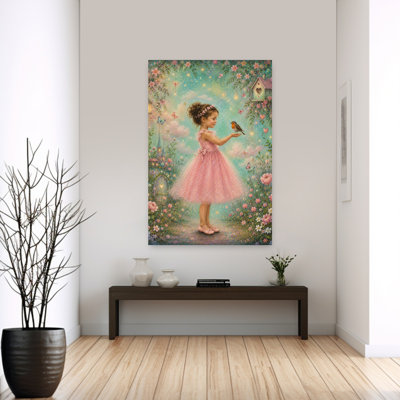 Magical Girl And Robin Dreamy Peaceful Whimsical Butterfly Bird Nature Flower Wall Art Print