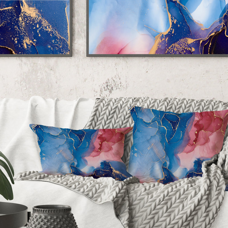 Bleu et mauve, luxe, abstrait, art fluide II - coussin décoratif moderne imprimé, 16 po x 16 po
