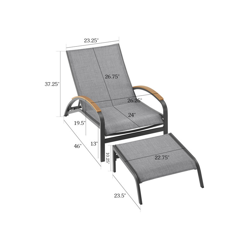 Chaise longue d'extérieur en aluminium thermolaqué avec repose-pieds et toile Phifertex, Gris