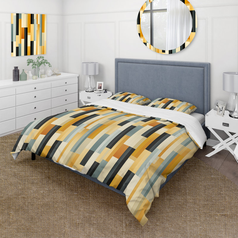 Ensemble de housse de couette à rayures jaunes, Housse de couette pour très grand lit et 2 très
