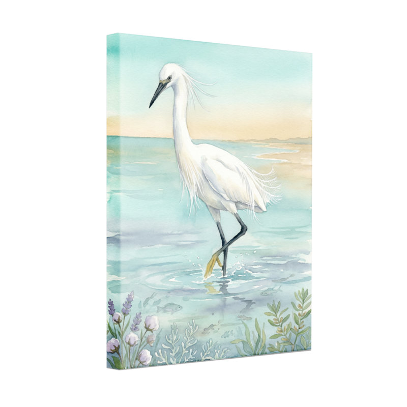 Animaux héron blanc marchant dans une eau peu profonde avec des fleurs, H 18 po x l 12 po