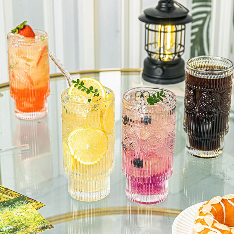 16oz Clear Ribbed Glass Cups with Floral Design, Set of 4