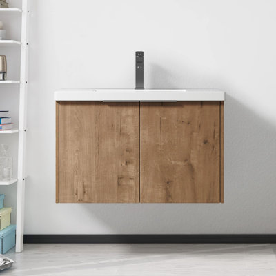 Lavabo de meuble-lavabo en résine 30 po - Contreplaqué, portes à fermeture douce, style moderne, poignée de rangement spacieuse en rouille, rangement, chêne imitation