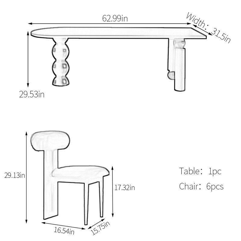 Creative solid wood ash dining table set, 7, 29.53"H x 62.99"L x 31.5"W