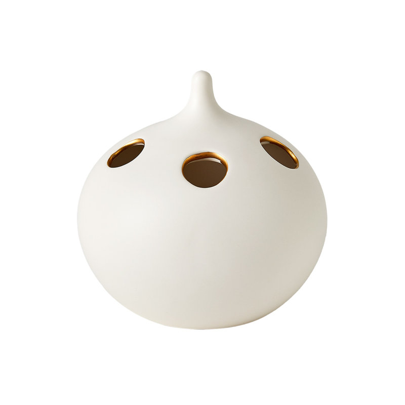 Oh No Handmade Earthenware Table Vase, Matte White/Gold, 6.5" H x 6.5" W x 6.5" D