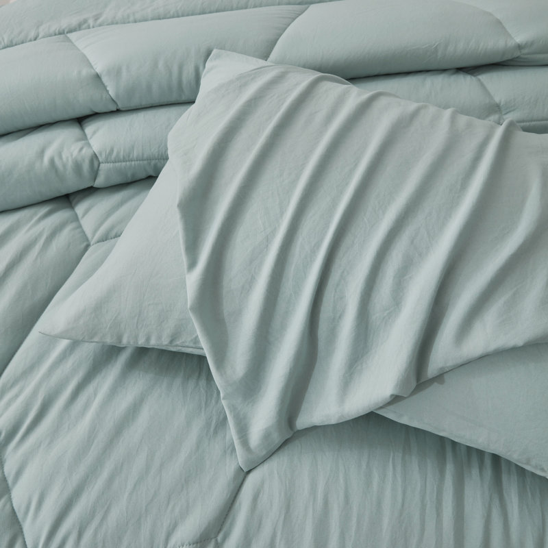 Washed Microfiber Bedding Honeycomb Comforter Set, Aqua, Queen Comforter + 2 Standard Shams