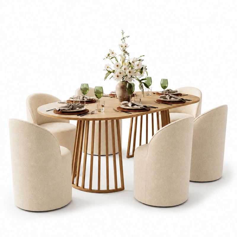 6 - Person Dining Table Sets With Extendabe Oval Table & 6 Upholstered Chenille Rolling Chairs, Brie