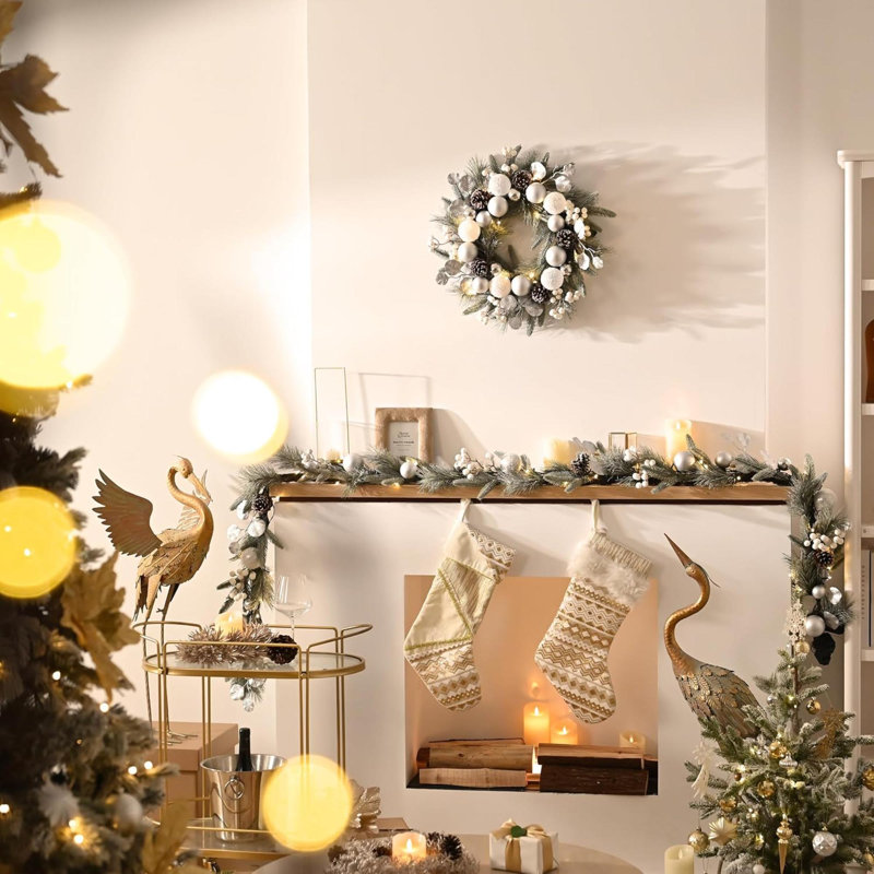 Pre-Lit Christmas Garland With Light For Mantle, Lighted Battery Operated Xmas Garland With Ball For Front Door Fireplace Table Centerpiece Outdoor Window Home Decor