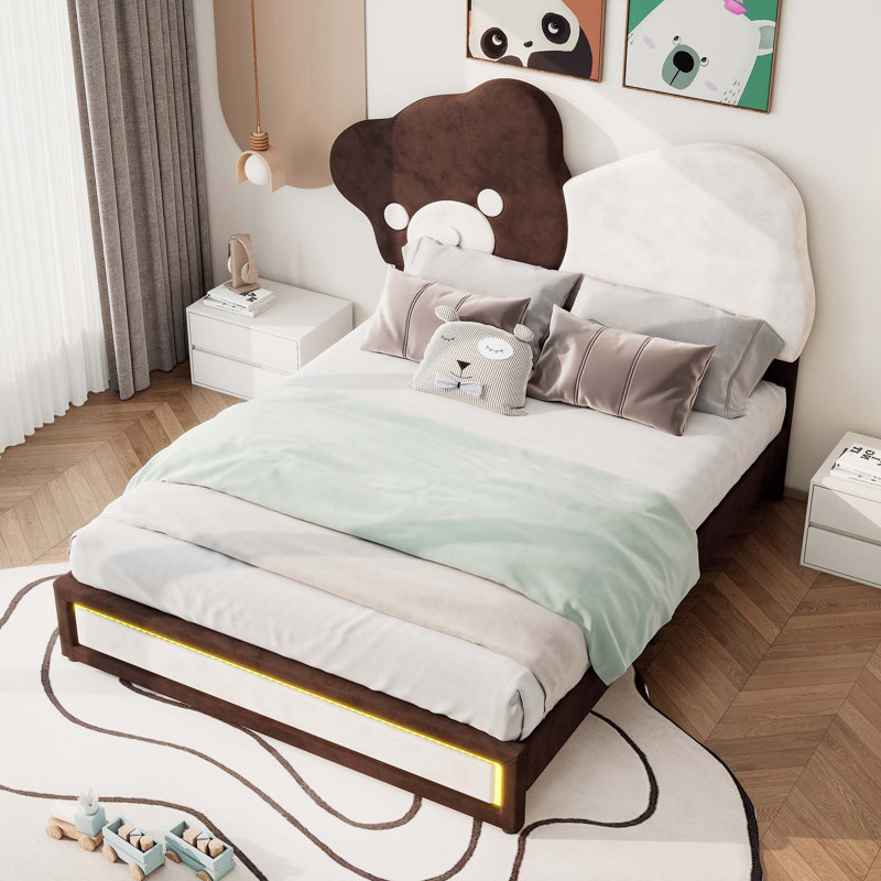 Lit plateforme tapissier avec tête de lit en forme d'ours, bandes lumineuses à DEL, Complète
