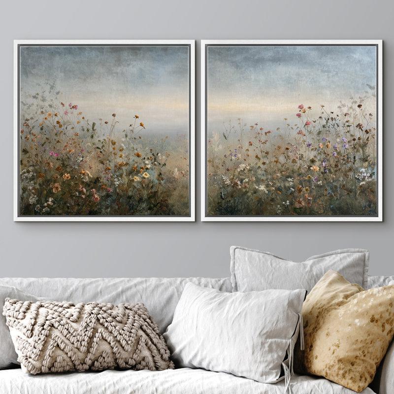 Soft Horizon Wildflower Field Landscape Floral Wall Decor Framed Master Bedroom Wall Art Work 2 Pieces Print, 16" H x 16" W