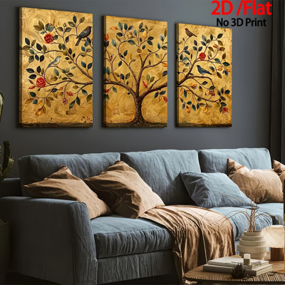 Golden Life Tree Bird & Flower 3-Piece Canvas Print for Prosperity Vibe Living Room Home Decor