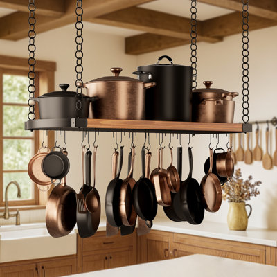 Grand support à casseroles suspendu de 48 pouces avec support pour casseroles et casseroles à capacité élevée de 130 lb avec support à casseroles et 20 crochets, cintres robustes pour la cuisine, noir mat