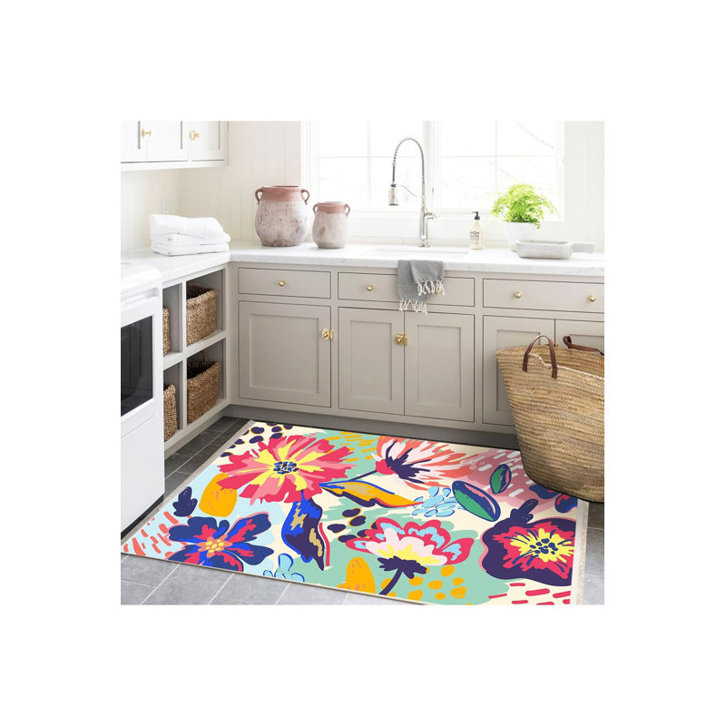 Multicolor Flowers Pattern Woven Base Modern Decorative Machine Washable Rug, Runner 3'3" x 6'7" Rug Pad Included