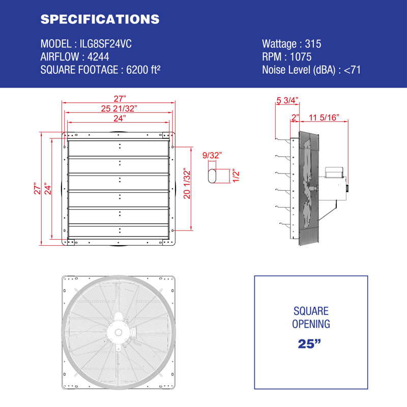 Ventilateur de volet iLIVING ILG8SF24VC 24 "avec thermostat et humidité télécommandés intelligents sans fil, ventilateur de grenier mural à vitesse variable, ventilation poulailler, 4244 pi³ / min, zone de couverture 6200 pieds carrés