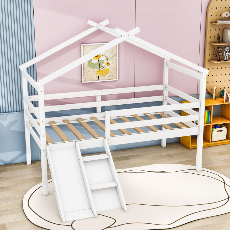 Twin Wooden Low Loft Bed With Slide And Ladder, White