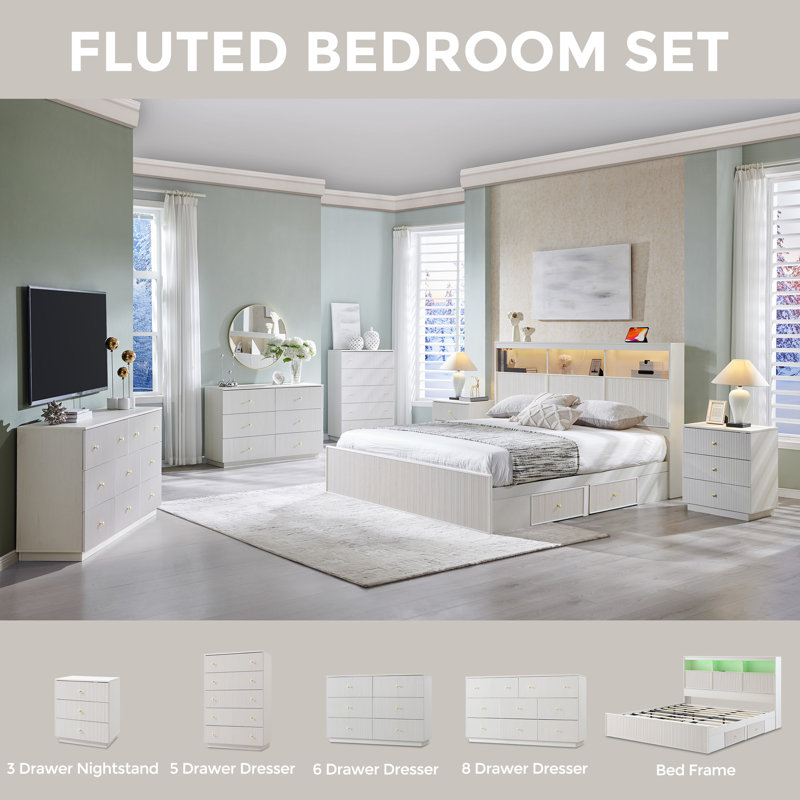  Bed Frame with Storage Headboard, LED Lights/Storage Headboard Charging Station, Modern 4-Drawers with Fluted King Size Wood Platform Bed Frame