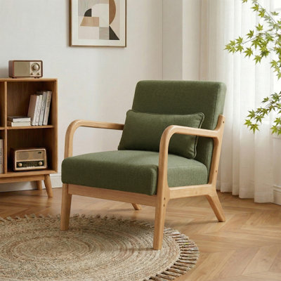 Chaise d'appoint rembourrée de style Mid-Century avec coussin lombaire, fauteuil en bois d'hévéa massif, vert