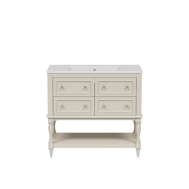 Ensemble de meuble-lavabo 36 po avec ensemble de meuble-lavabo, lavabo en céramique encastré, ensemble de meuble-lavabo autoportant avec 4 tiroirs, armoire de salle de bain avec cadre en bois massif, beige
