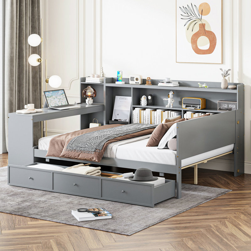 Gray Wooden Daybed With Ports And Desk - Pine Frame For Efficient Bedroom Use 3 Spacious Drawers, Port Made, Gray, Full