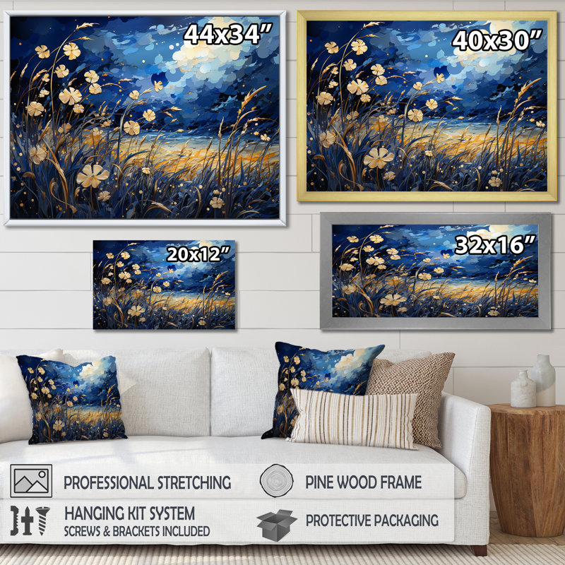 Coquelicots bleu marine - prairie, art mural, Cadre doré simple, H 30 po x l 40 po x P 1,5 po