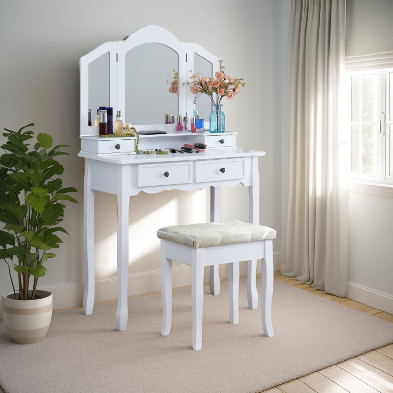 Vanity Make Up Table And Stool Set, Bedroom Vanity, White