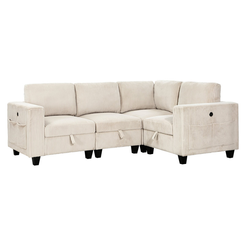 Modern Sectional With Beige Corduroy Upholstery & End Seat Storage Charging 4 In Reversible Cushions