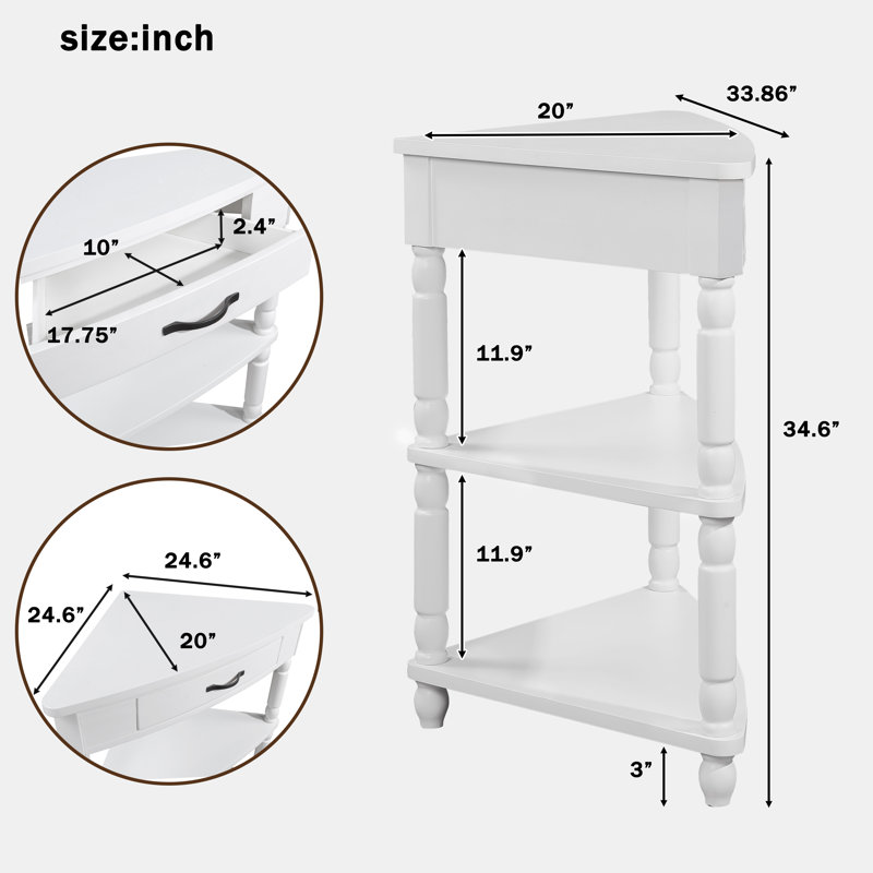 Console de rangement en coin en bois massif 33 pouces avec rangement à 3 niveaux, pieds en bois massif, blanc, White