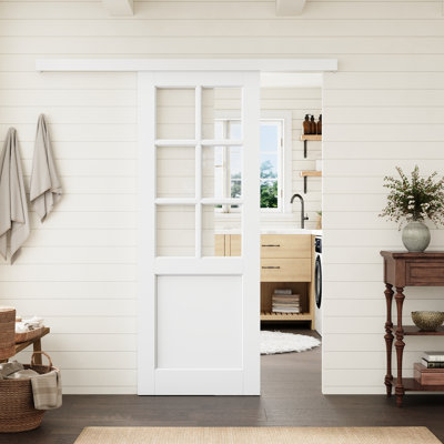 Porte standard à âme en bois massif préfinie, 6 carreaux de verre clair, 32 po x 80 po, avec ensemble de quincaillerie à rail caché