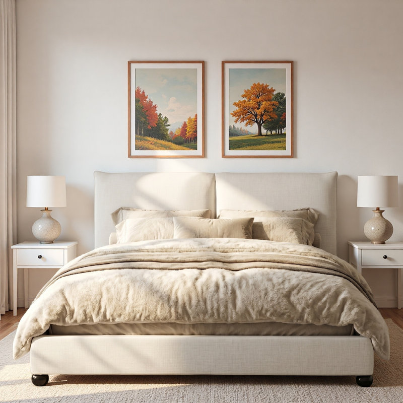 Lit plateforme tapissier avec tête de lit à dossier en tissu de lin, Grand lit