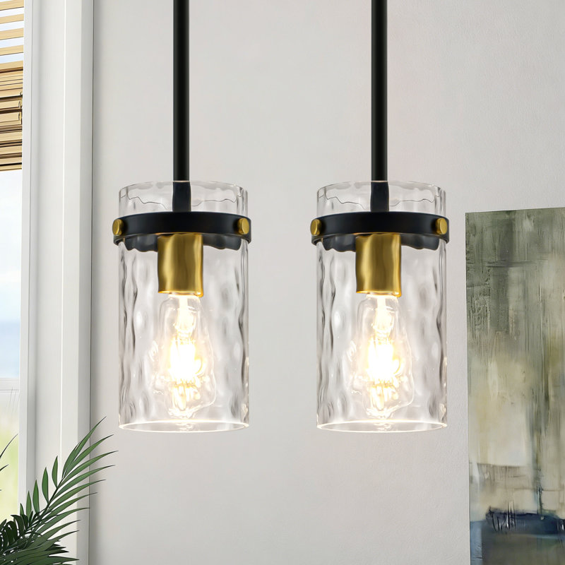 Levona 1 - Light Medium 5.1" Wide Cylinder Hammered Glass Kitchen Island Pendant, Matte Black/Gold