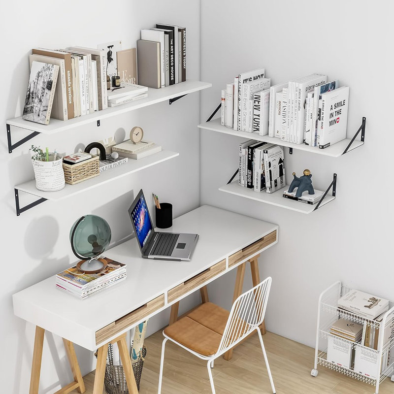 Ensemble d'étagères murales flottantes blanches profondes - Ensemble de 2 tablettes murales en bois avec supports noirs pour le salon, la cuisine, la chambre à coucher, le bureau et la salle de bain