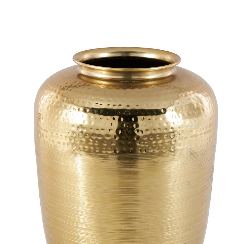 Aluminum Metal Brushed Decorative Gold Vase with Hammered Top, 19.8" H x 12" W x 11.95" D