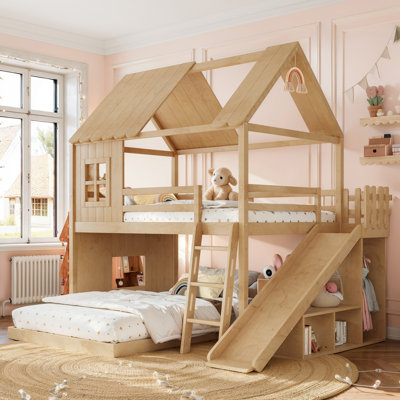 Full over Full Solid Wood House Bunk Bed with Shelves, Wardrobe and Slide